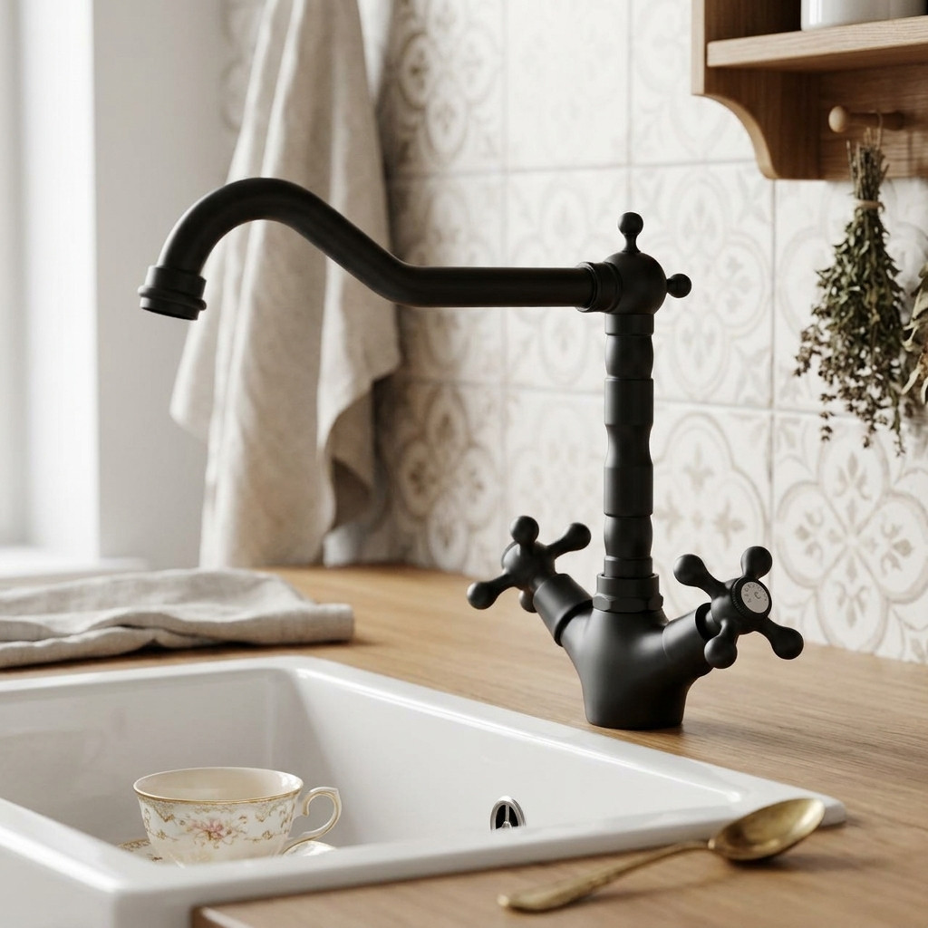 Aquanello Heritage Ascot Носталгичен кухненски кран черен с две дръжки BL-4002-HA